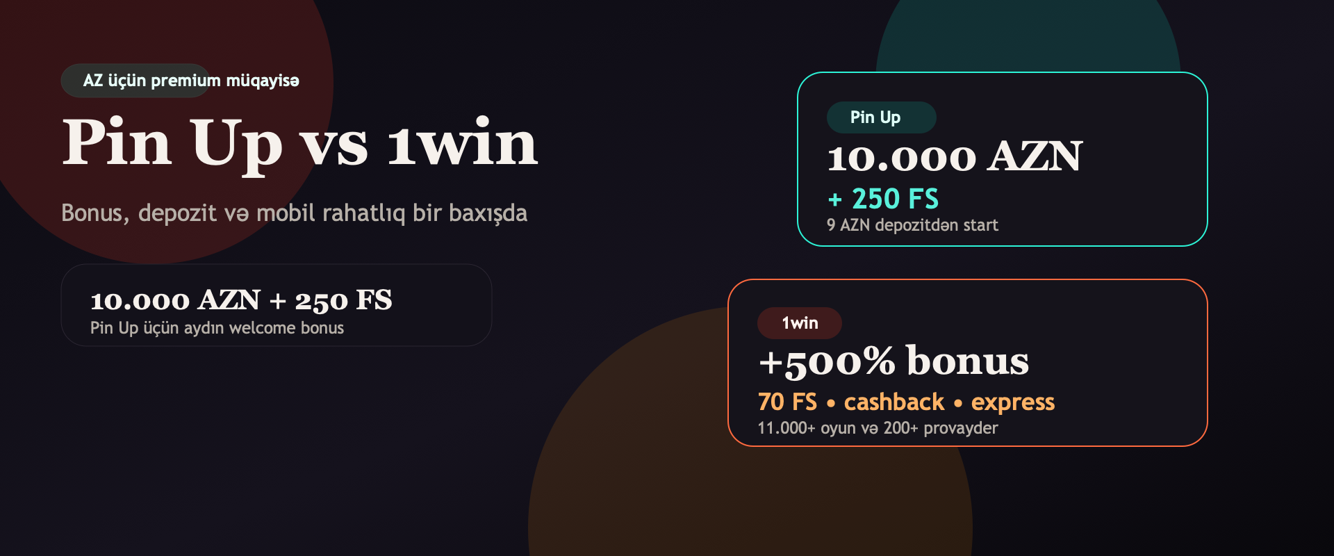 Pin Up və 1win bonuslarının müqayisəsini göstərən hero banner